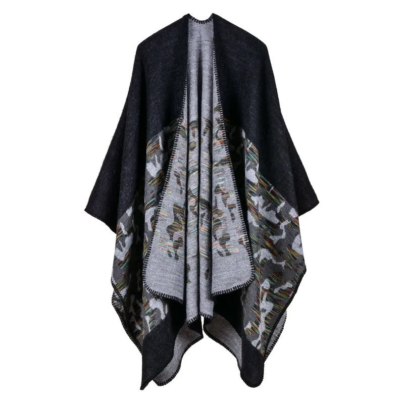 2017 Women's Fashion Camo Faux Fur Shawl Open Front Longer and Thicker Poncho
