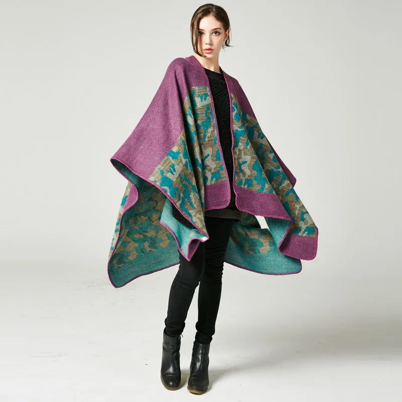 2017 Women's Fashion Camo Faux Fur Shawl Open Front Longer and Thicker Poncho