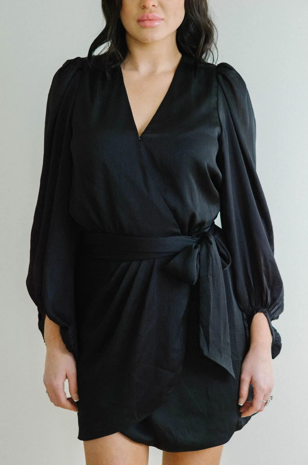 Adele Black Satin Wrap Mini Dress