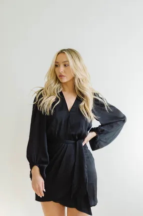 Adele Black Satin Wrap Mini Dress