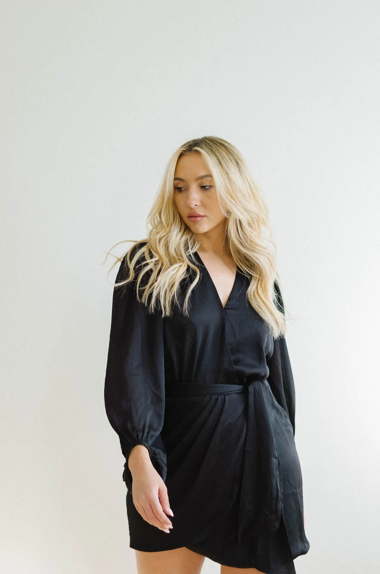 Adele Black Satin Wrap Mini Dress