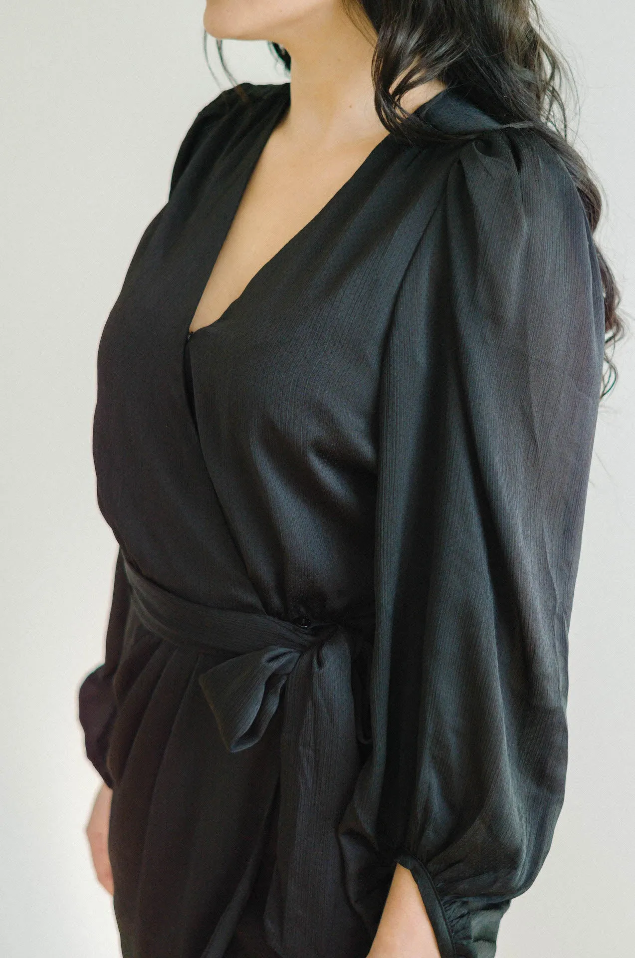 Adele Black Satin Wrap Mini Dress