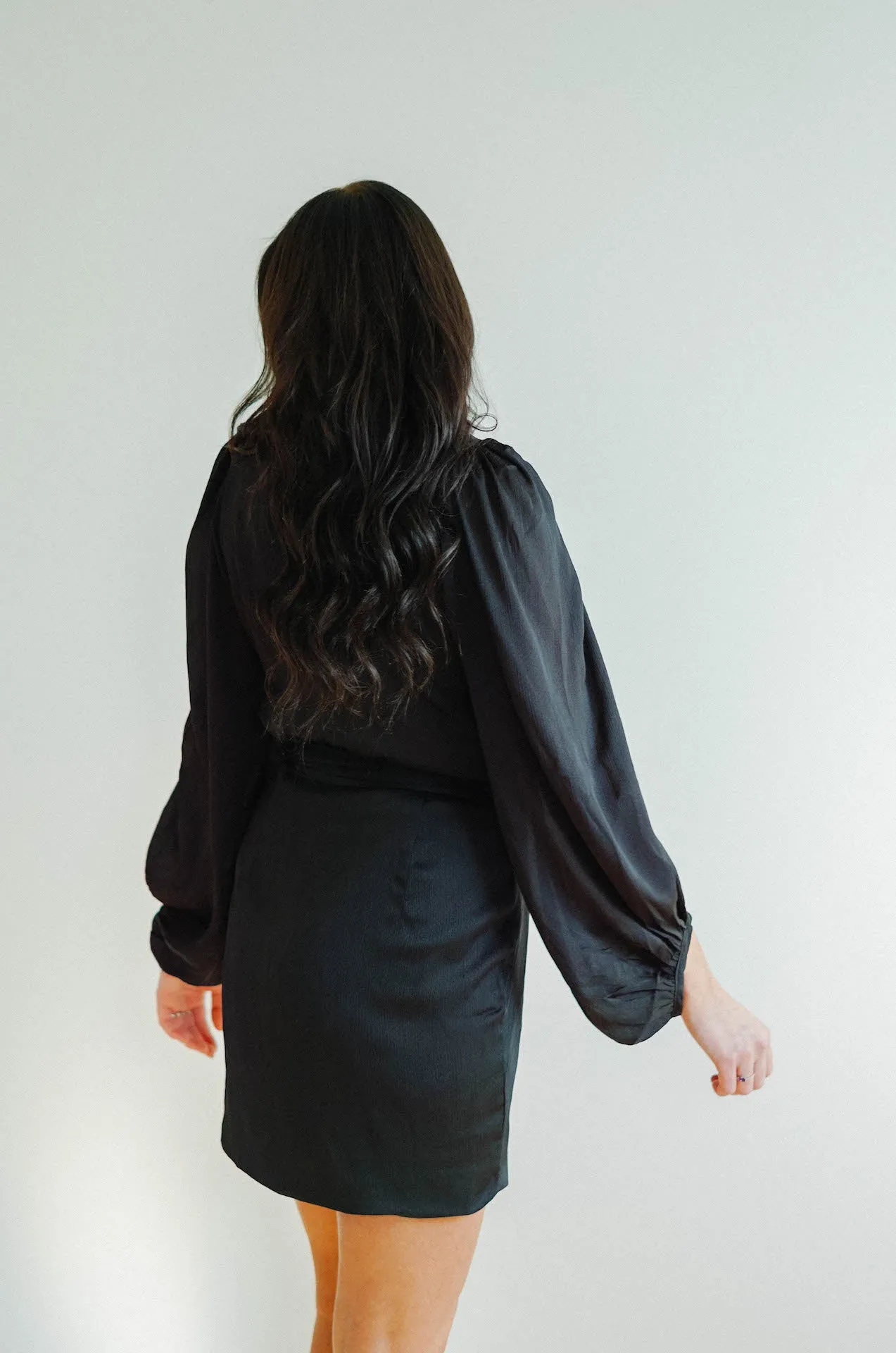 Adele Black Satin Wrap Mini Dress