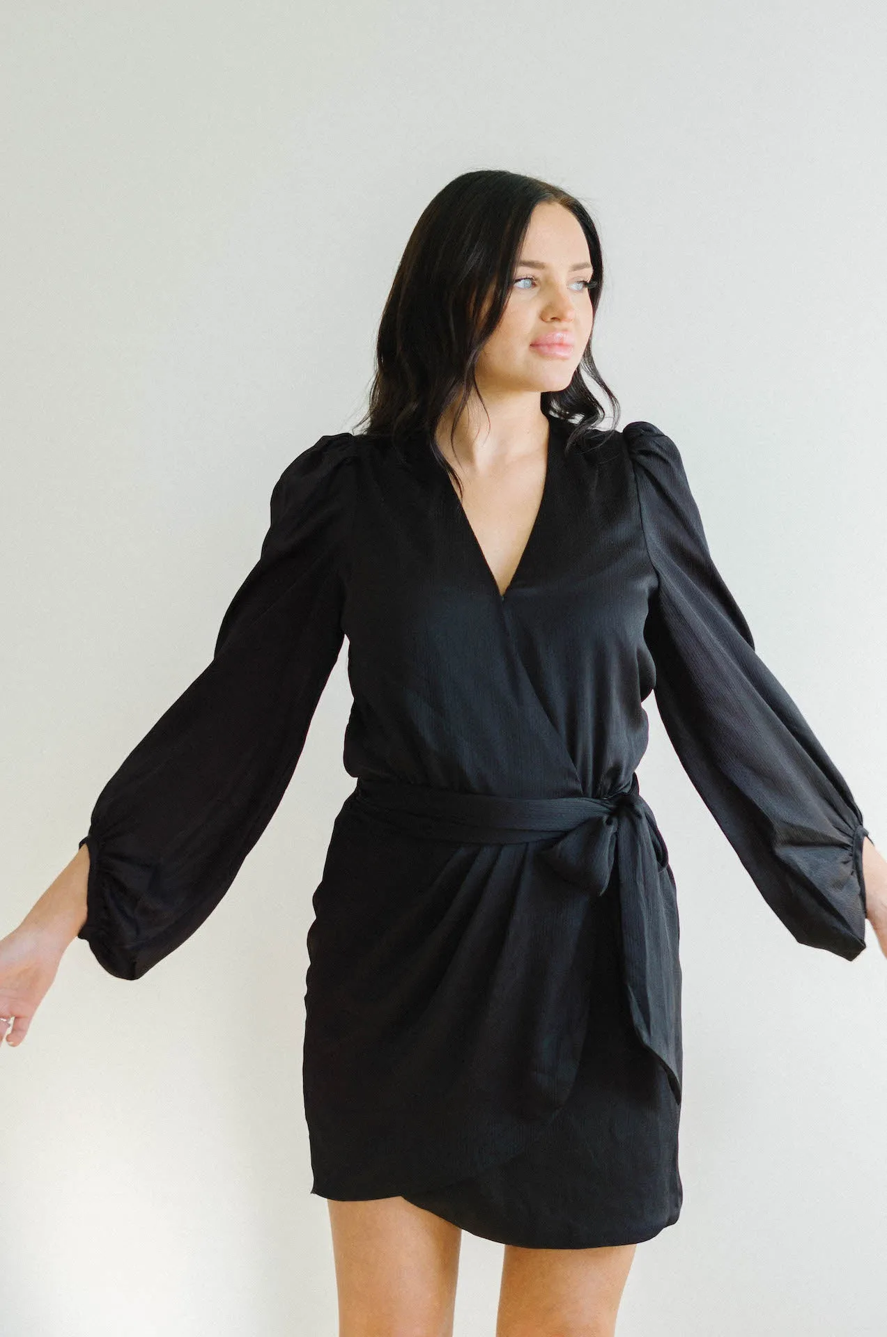 Adele Black Satin Wrap Mini Dress