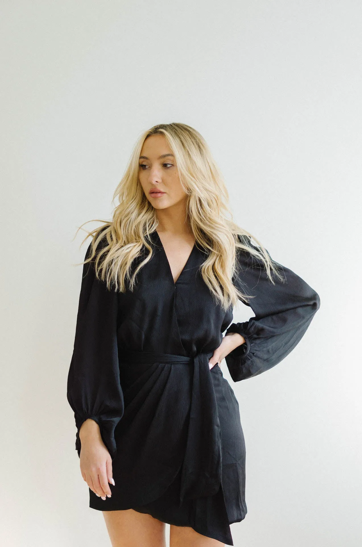 Adele Black Satin Wrap Mini Dress