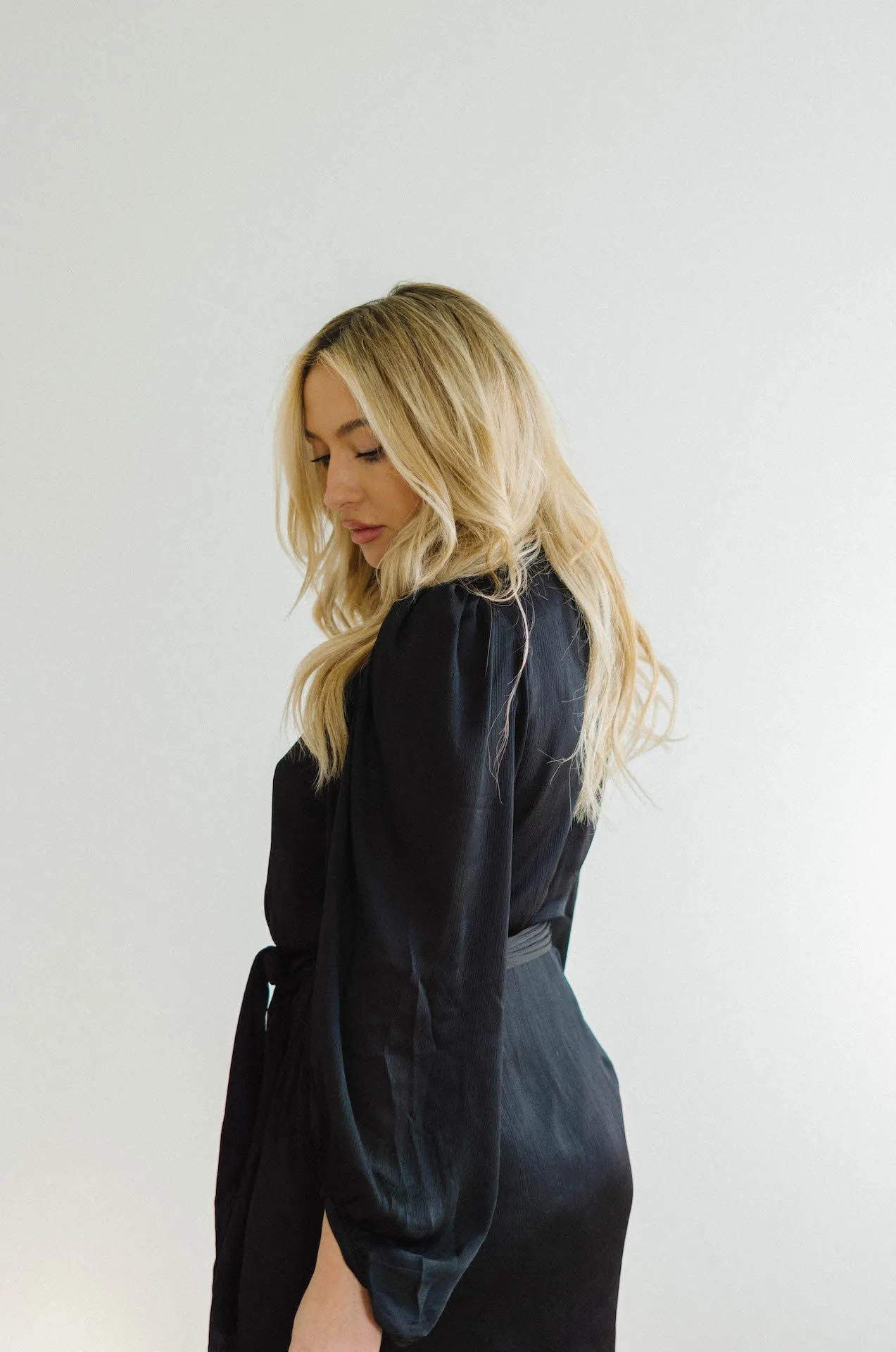 Adele Black Satin Wrap Mini Dress