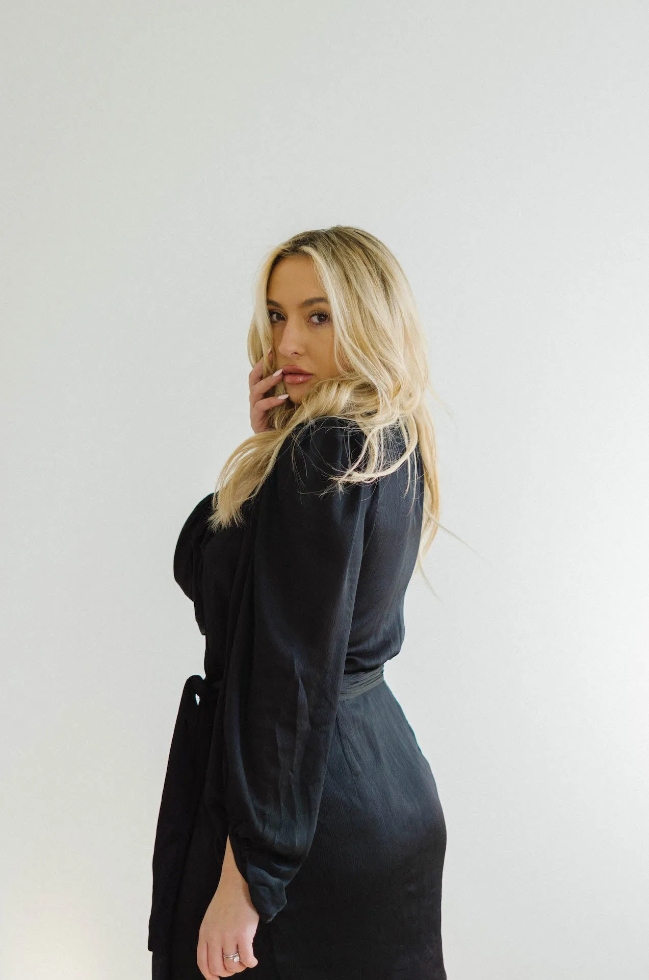 Adele Black Satin Wrap Mini Dress
