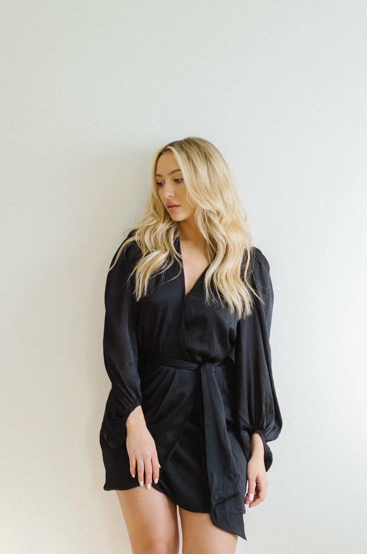 Adele Black Satin Wrap Mini Dress