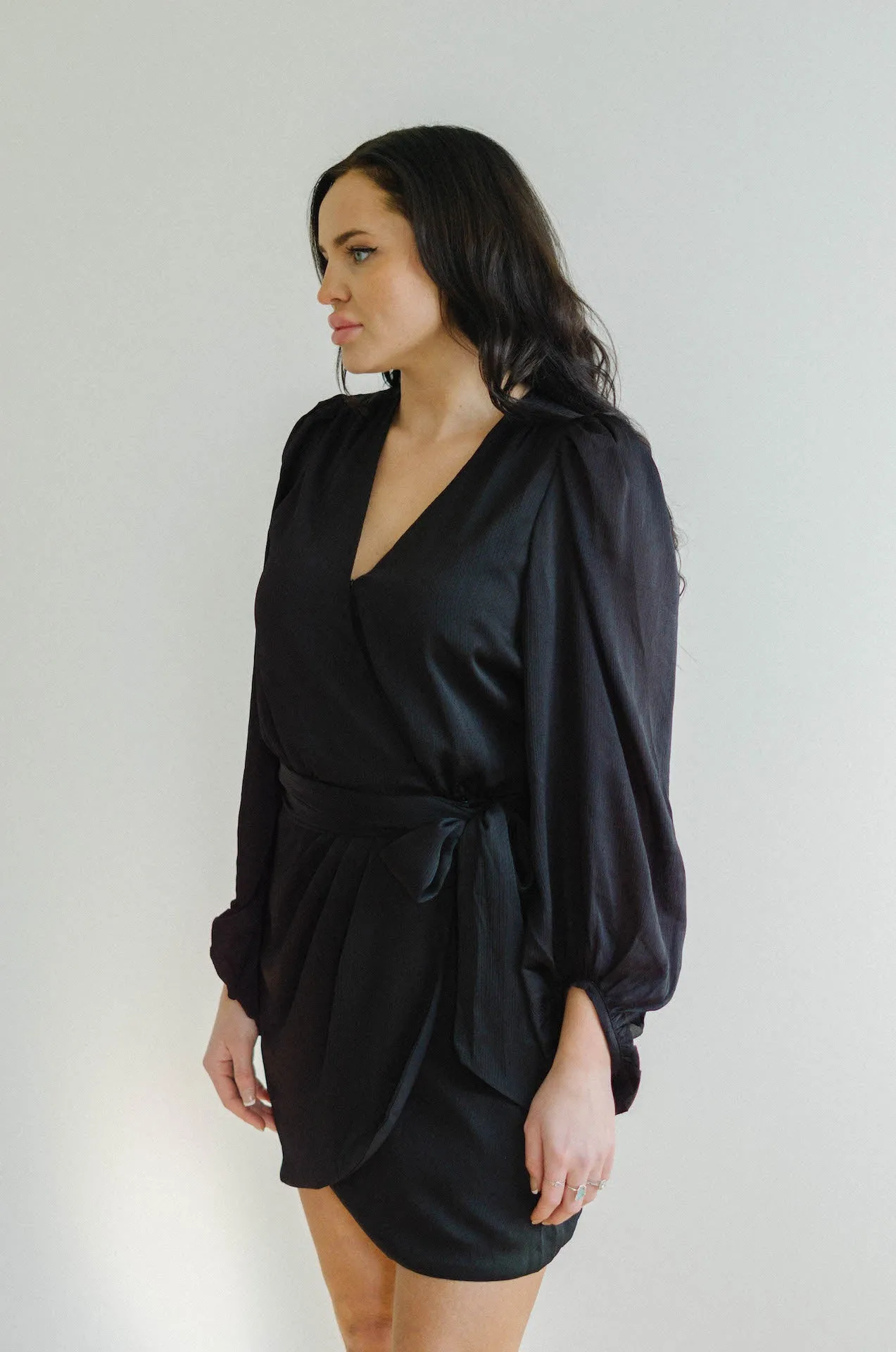 Adele Black Satin Wrap Mini Dress