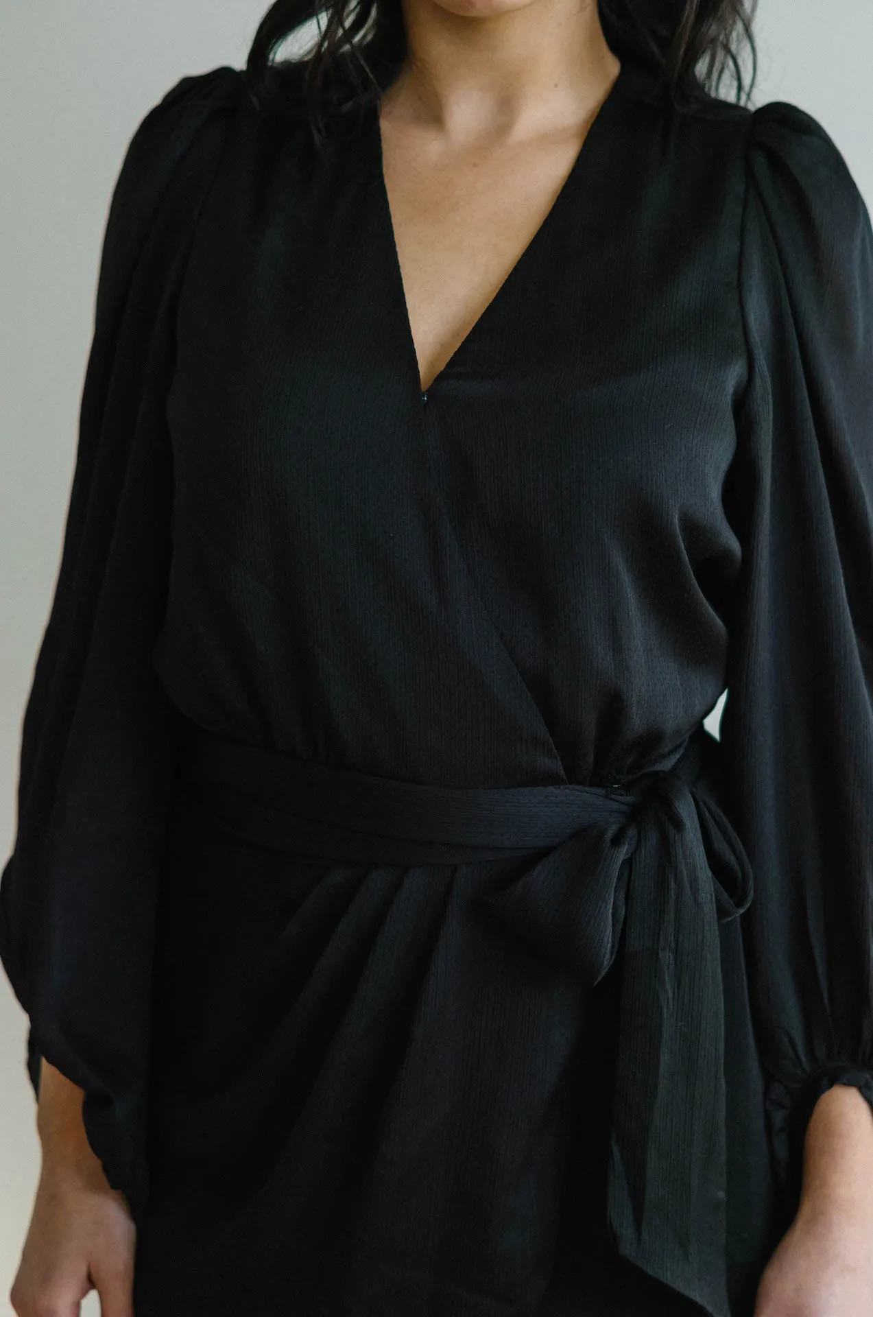 Adele Black Satin Wrap Mini Dress