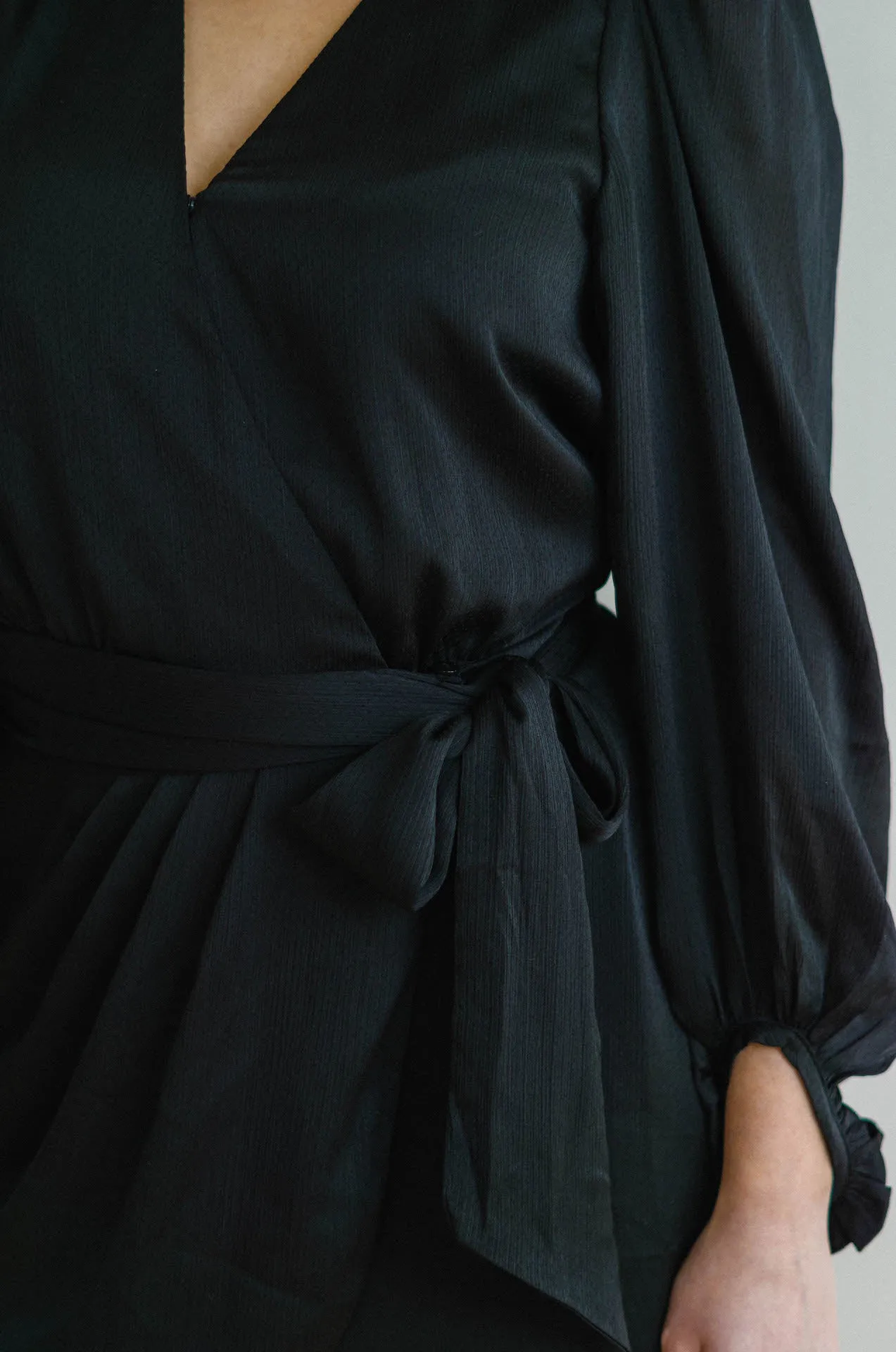Adele Black Satin Wrap Mini Dress