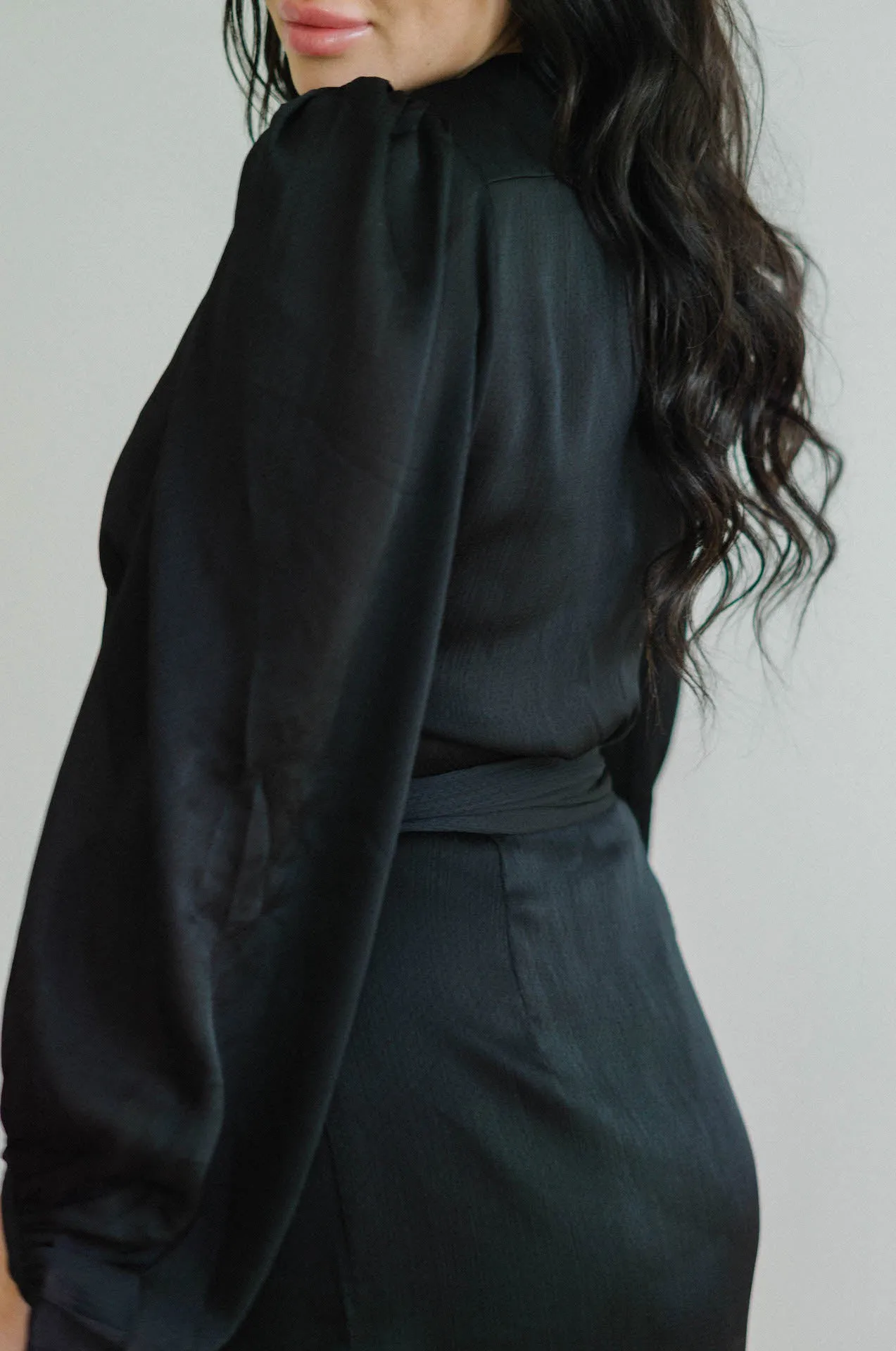Adele Black Satin Wrap Mini Dress