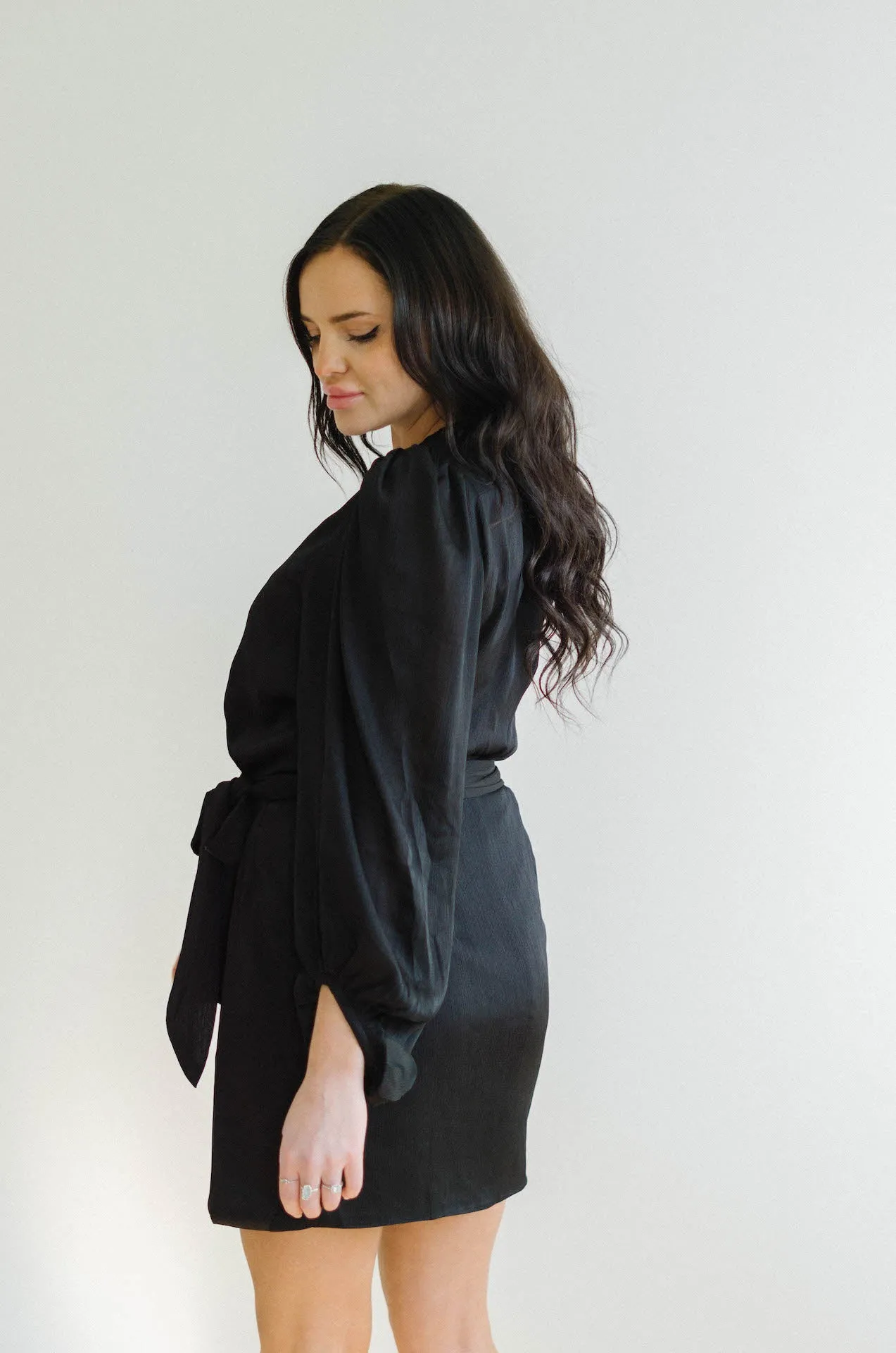 Adele Black Satin Wrap Mini Dress