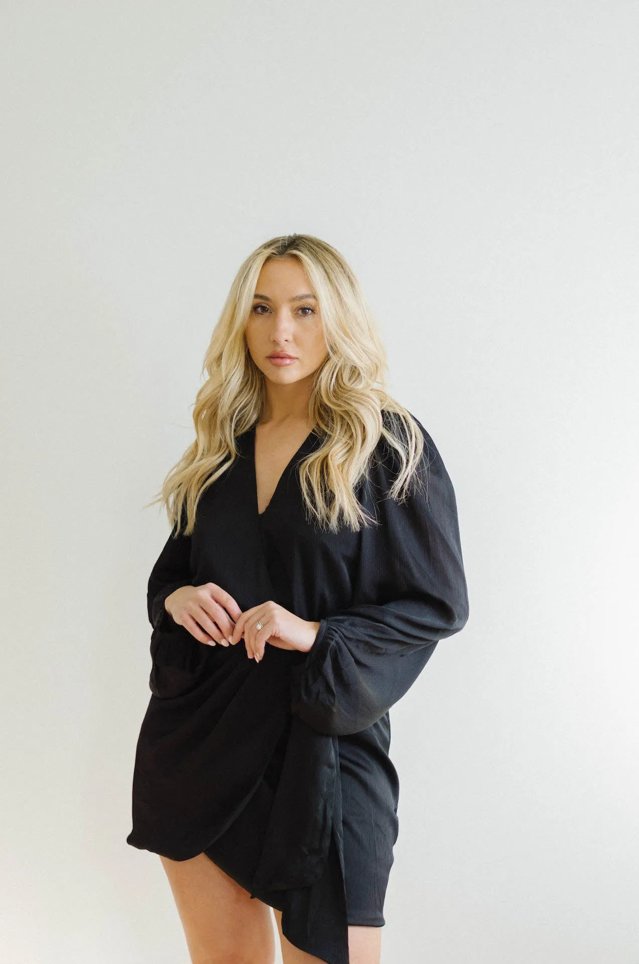 Adele Black Satin Wrap Mini Dress