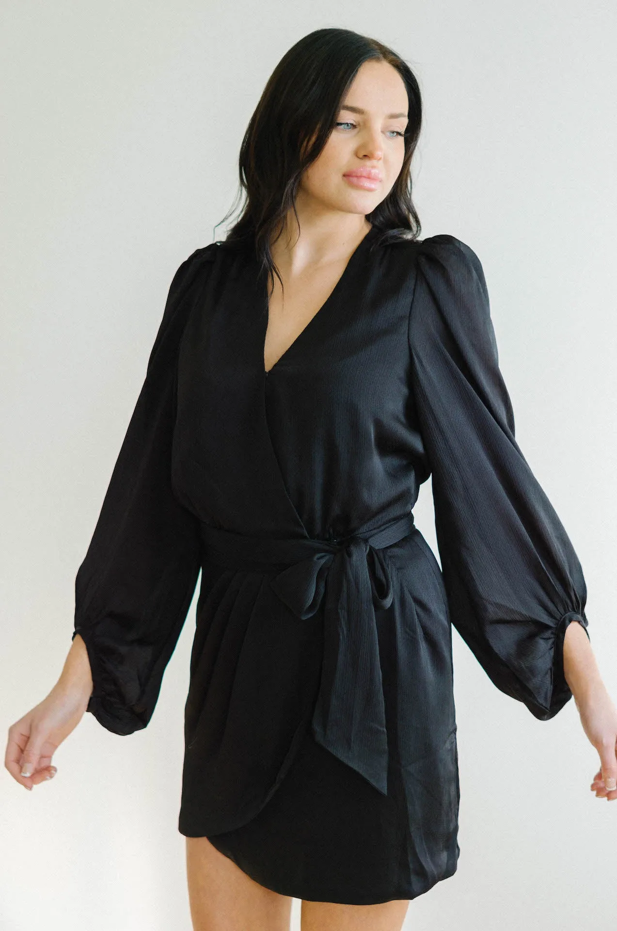 Adele Black Satin Wrap Mini Dress