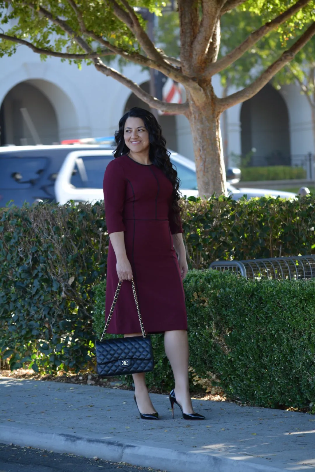Athens Burgundy (Black Piping) Dress