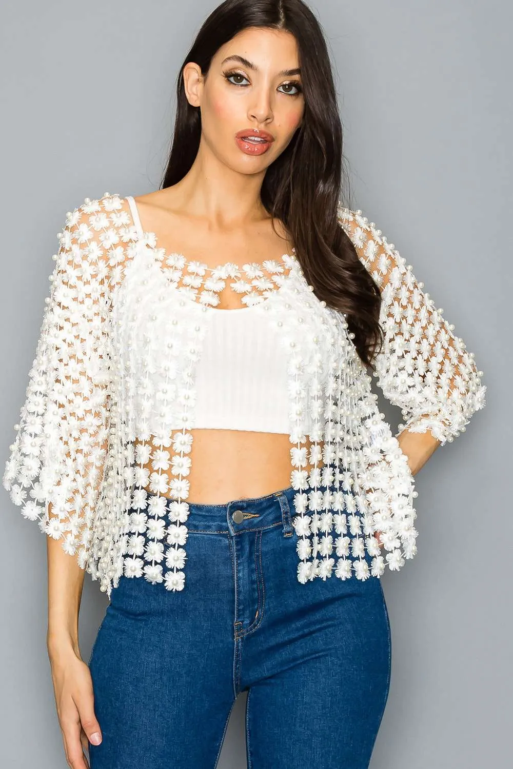 Beaded Faux Pearl Open Cardigan - One Size