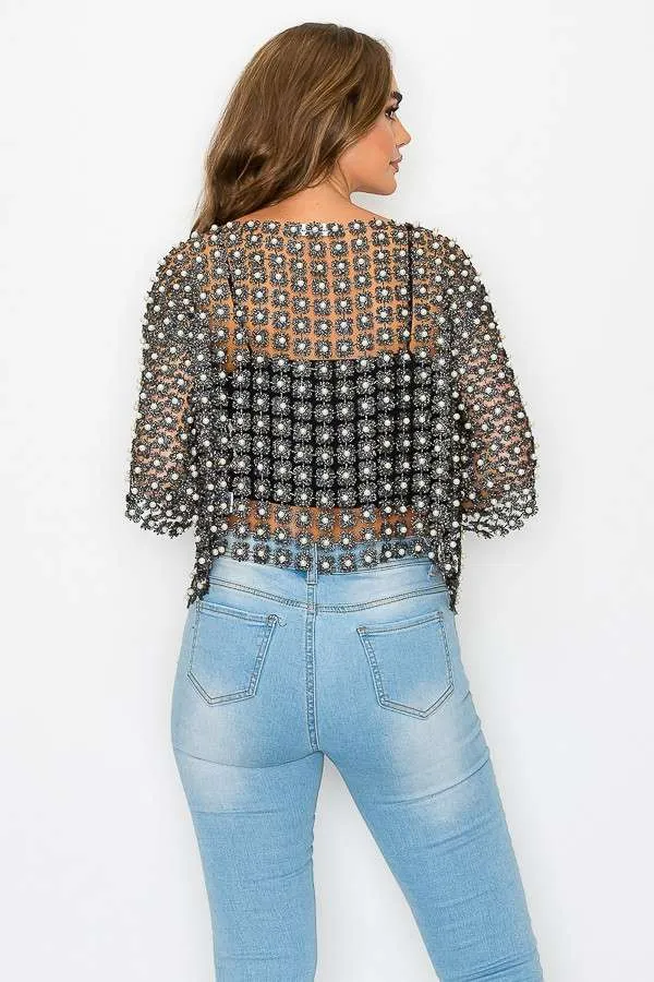 Beaded Faux Pearl Open Cardigan - One Size