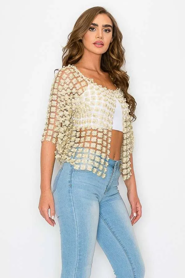 Beaded Faux Pearl Open Cardigan - One Size