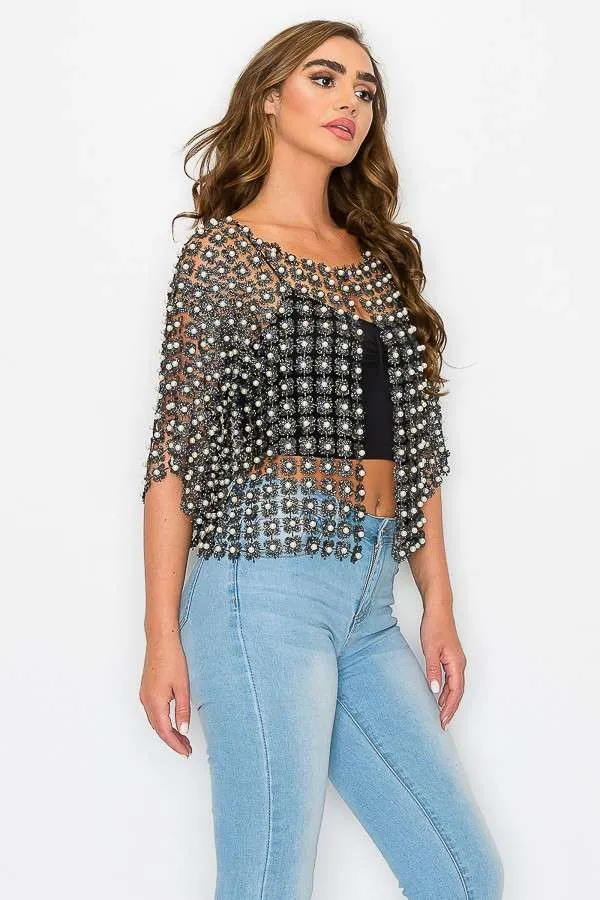 Beaded Faux Pearl Open Cardigan - One Size