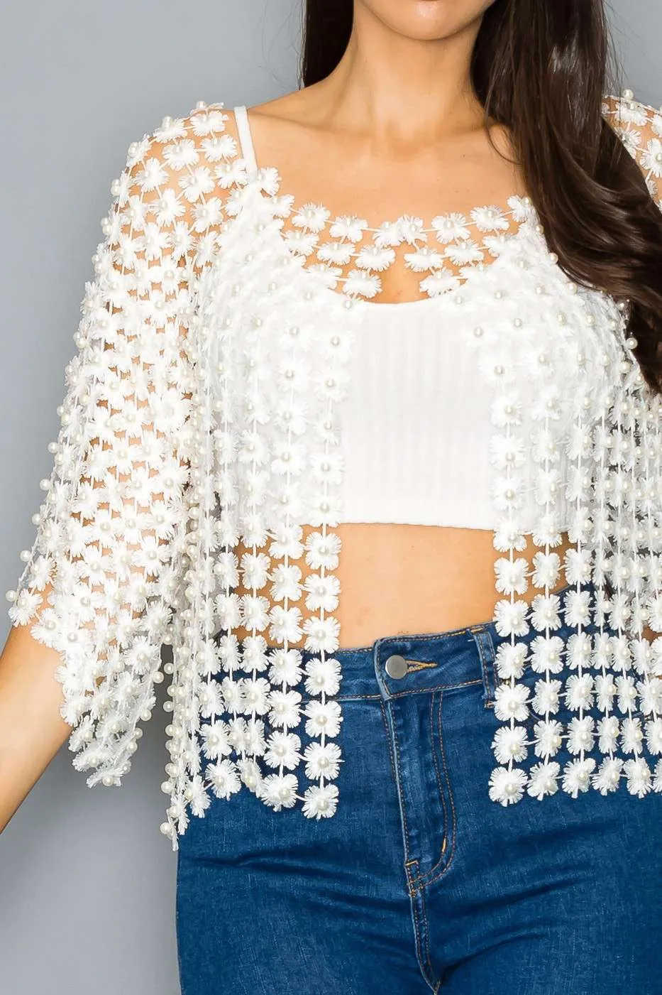 Beaded Faux Pearl Open Cardigan - One Size