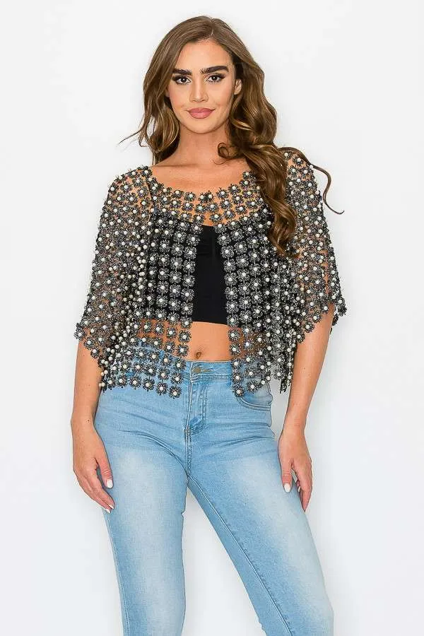 Beaded Faux Pearl Open Cardigan - One Size