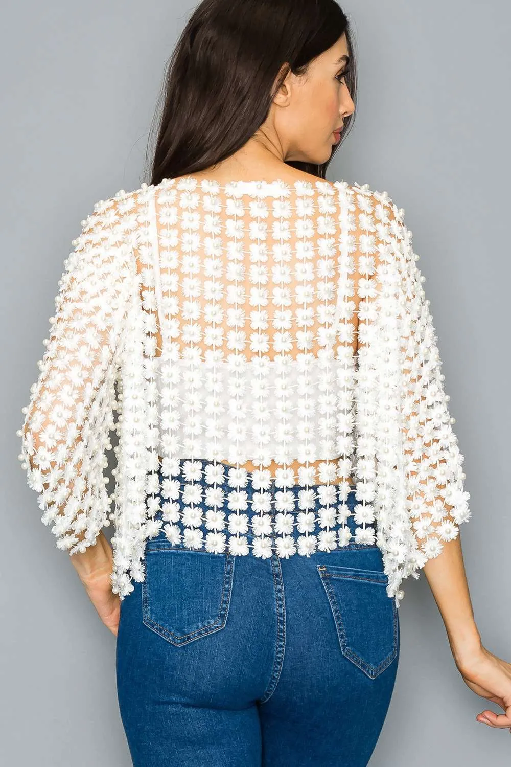 Beaded Faux Pearl Open Cardigan - One Size