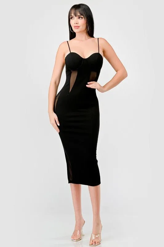 Black Luxe Sweethear See-Thru Contrast Midi Dress