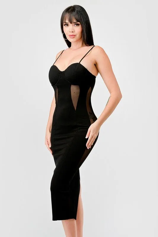 Black Luxe Sweethear See-Thru Contrast Midi Dress