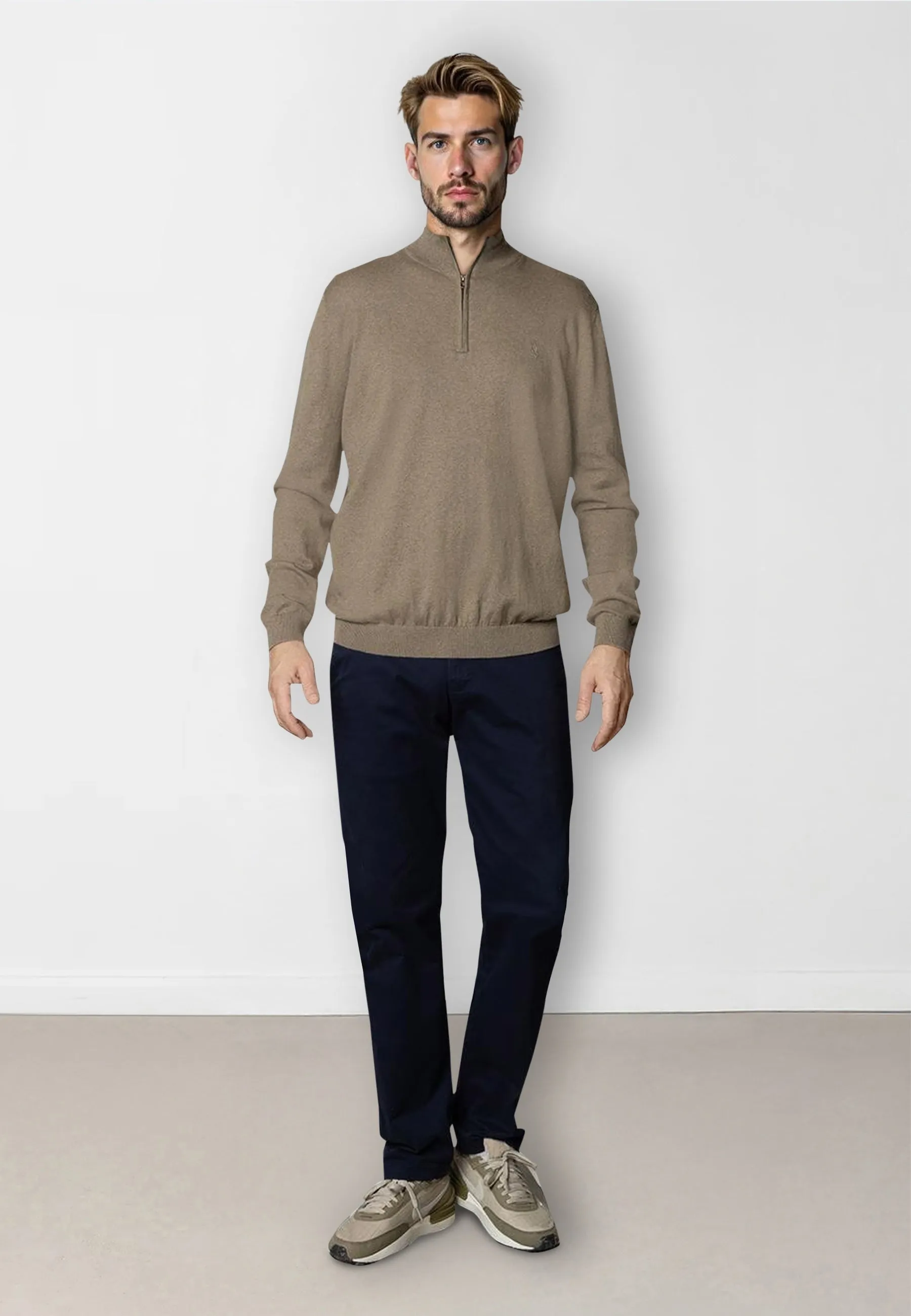 Claude knitted half-zip jumper - Dark beige melange