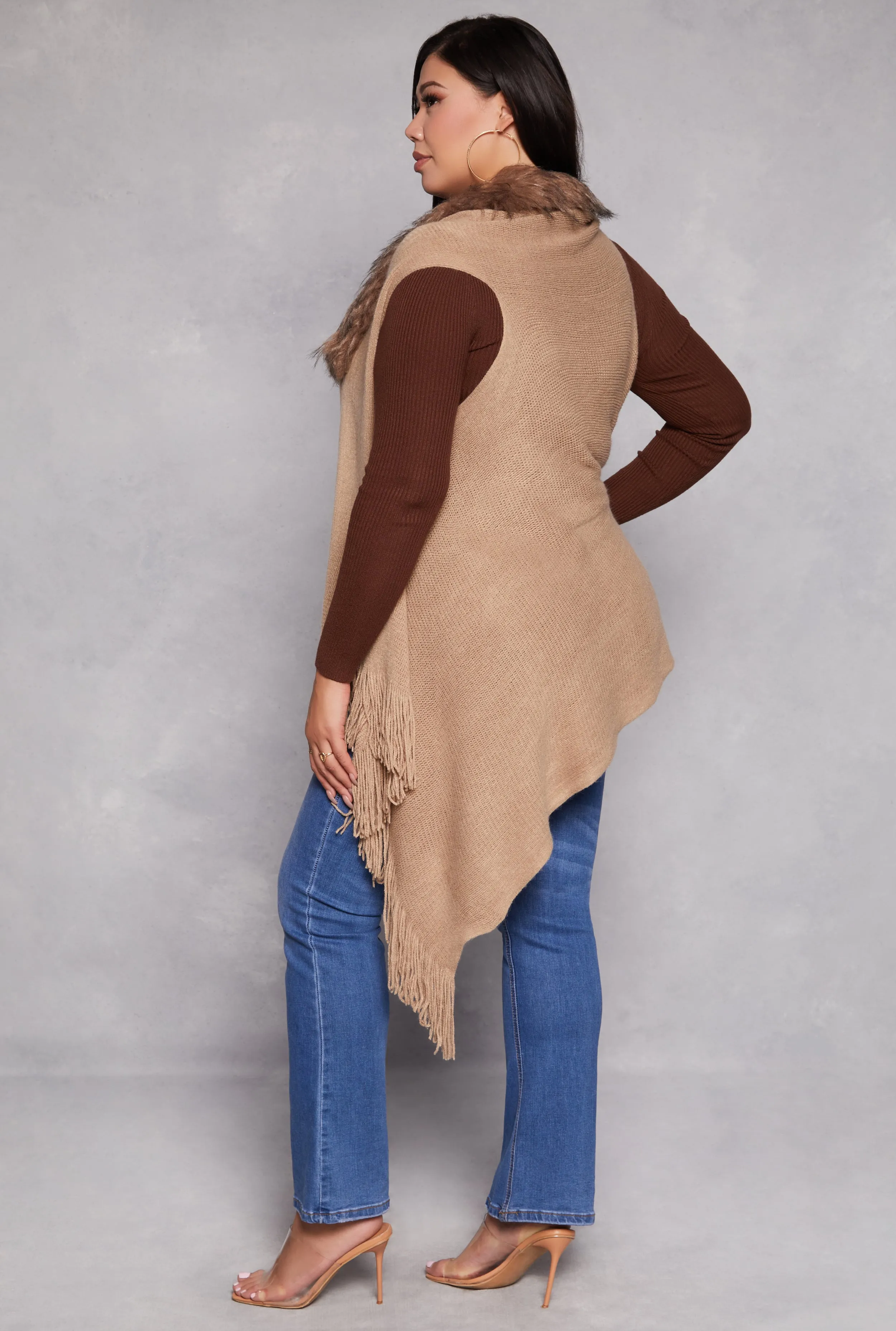 Fur Collar Fringed Sleeveless Poncho