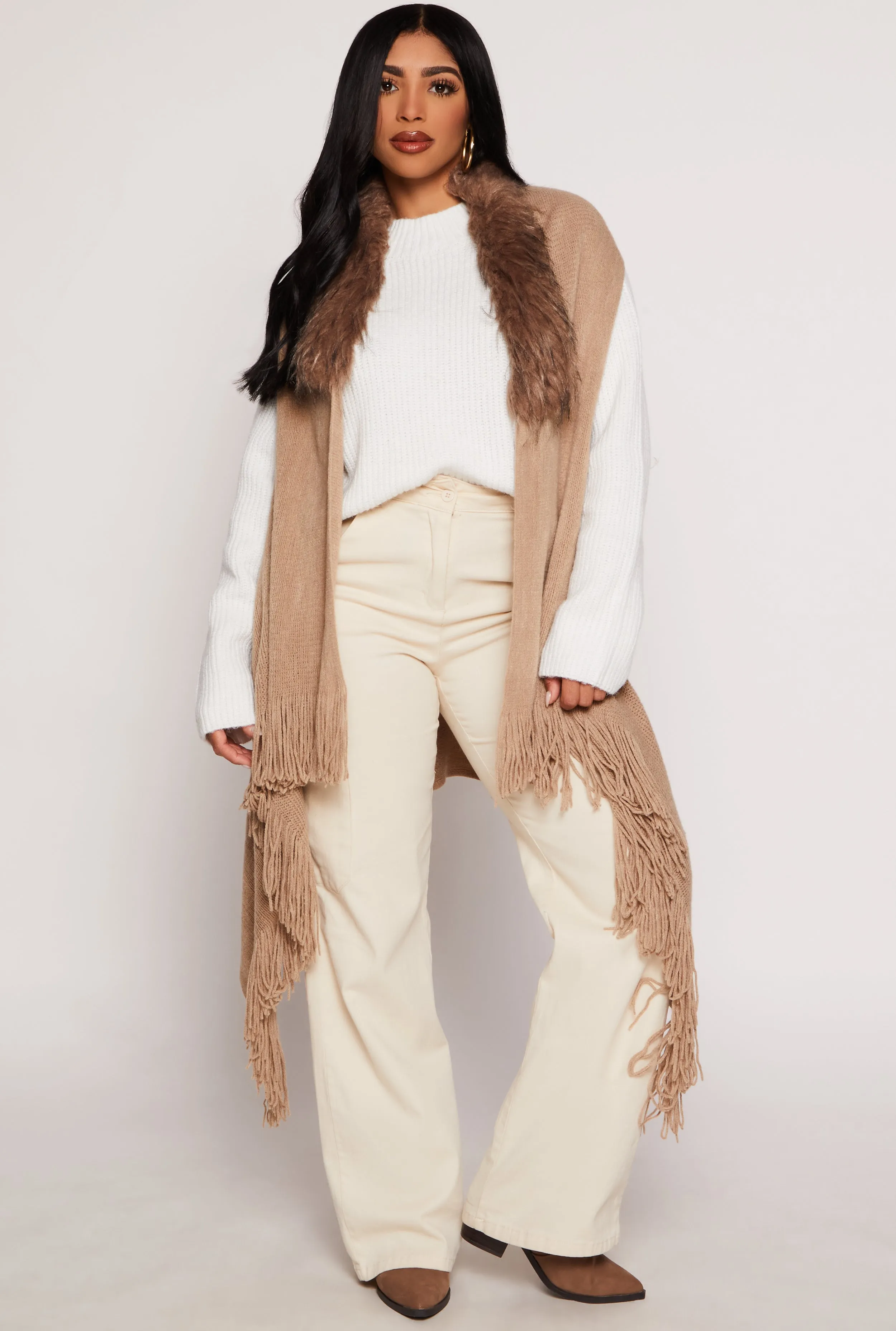 Fur Collar Fringed Sleeveless Poncho