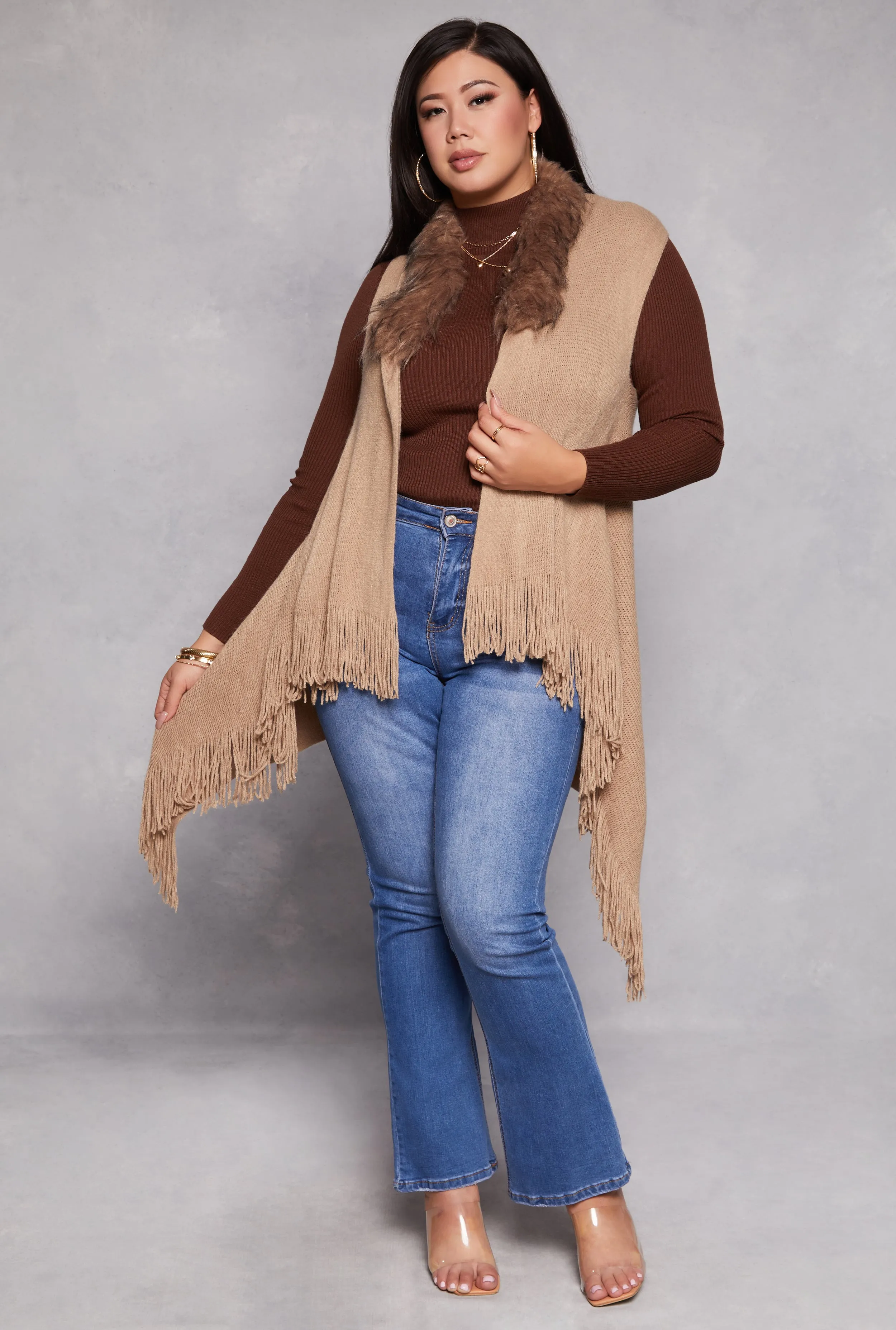 Fur Collar Fringed Sleeveless Poncho