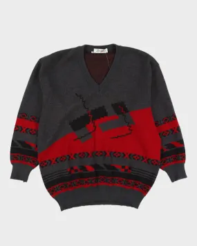 Grey And Burgundy Patterned Knitted Jumper - XL
