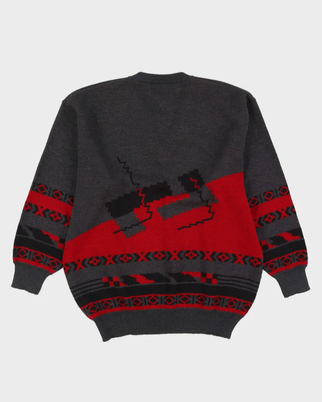 Grey And Burgundy Patterned Knitted Jumper - XL