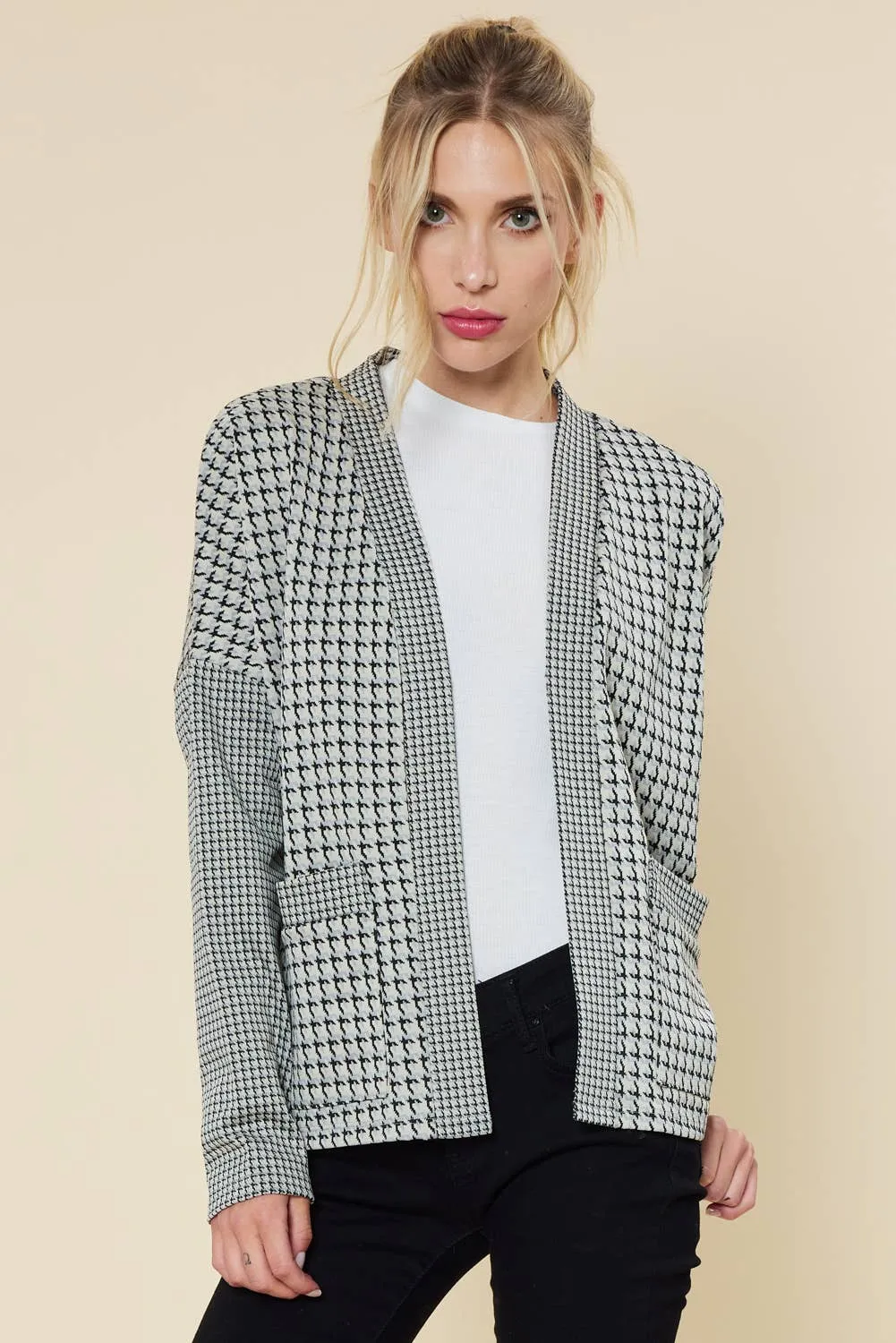 Houndstooth Pattern Open Front Cardigan - White