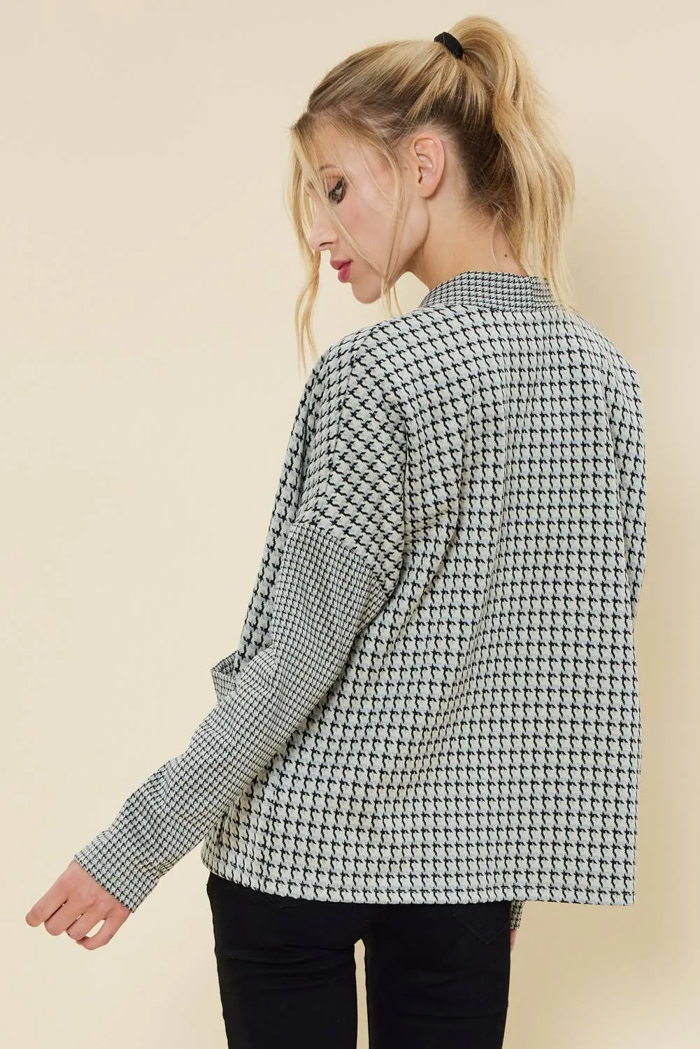 Houndstooth Pattern Open Front Cardigan - White