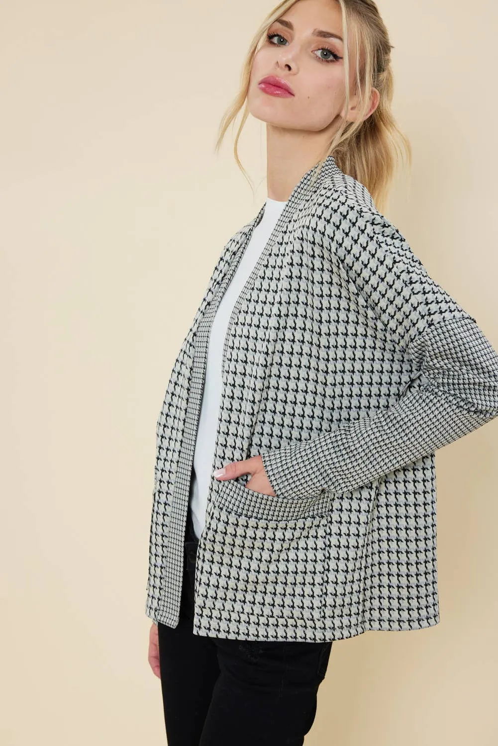 Houndstooth Pattern Open Front Cardigan - White