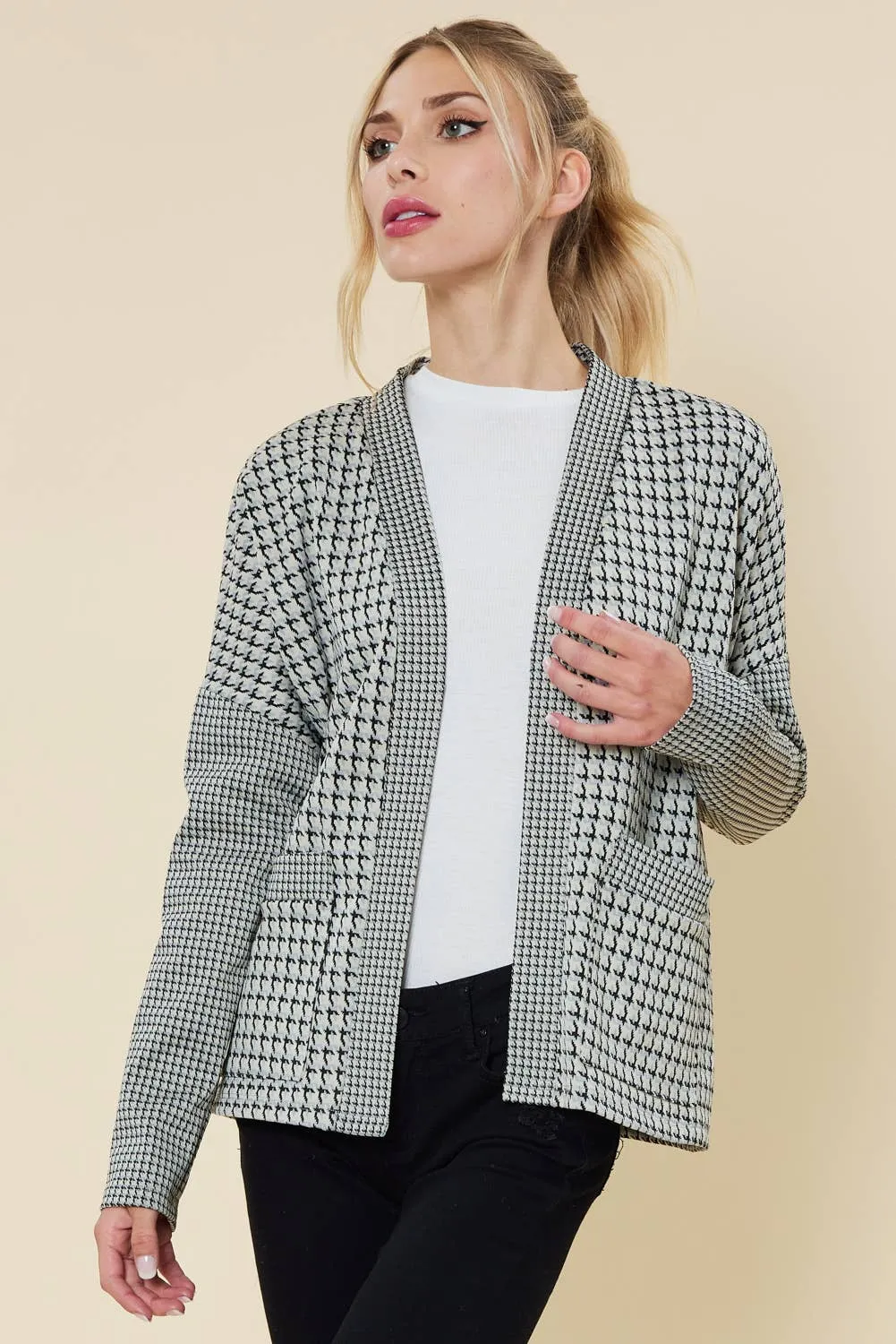 Houndstooth Pattern Open Front Cardigan - White