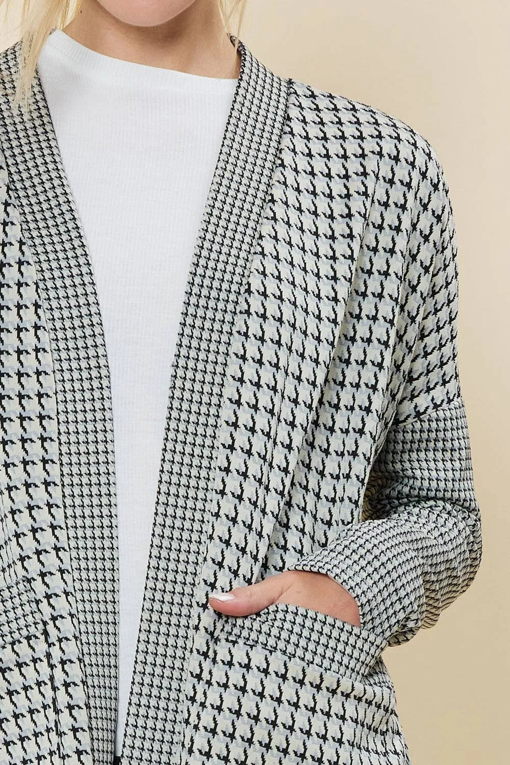 Houndstooth Pattern Open Front Cardigan - White