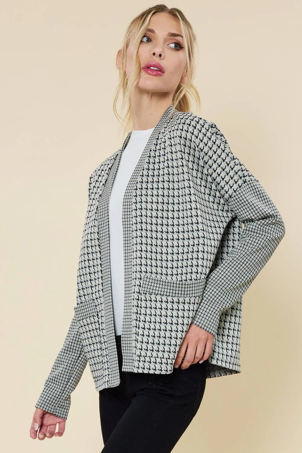 Houndstooth Pattern Open Front Cardigan - White