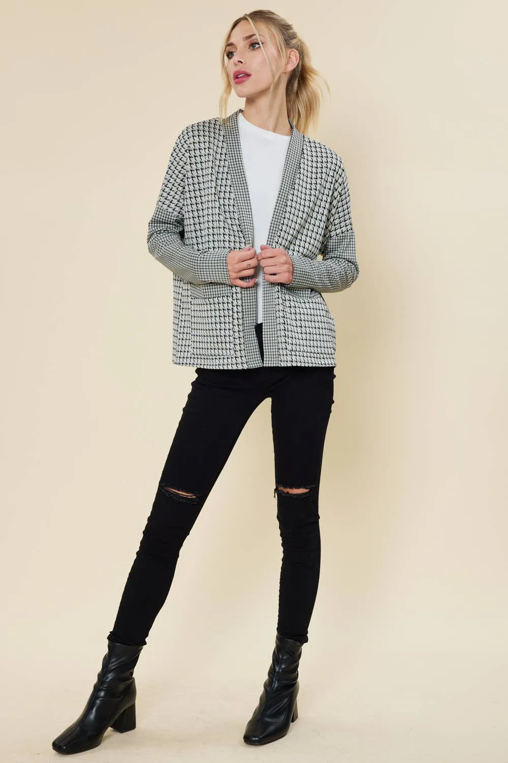 Houndstooth Pattern Open Front Cardigan - White
