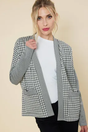 Houndstooth Pattern Open Front Cardigan - White