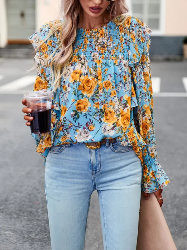 Ledia New Women's Elegant Commuter Floral Long-Sleeved Shirt