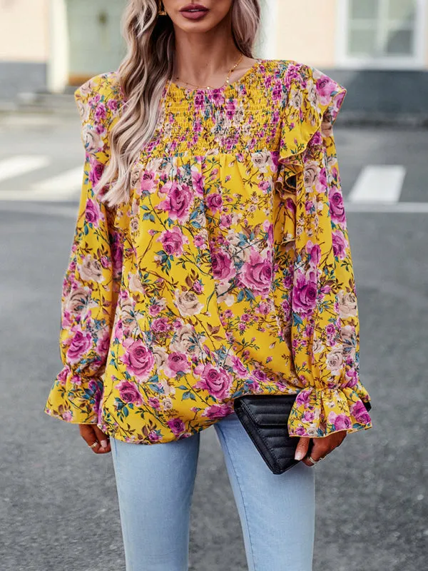 Ledia New Women's Elegant Commuter Floral Long-Sleeved Shirt