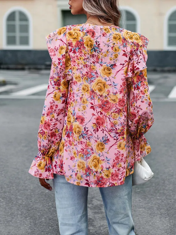 Ledia New Women's Elegant Commuter Floral Long-Sleeved Shirt
