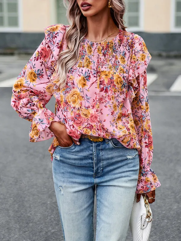 Ledia New Women's Elegant Commuter Floral Long-Sleeved Shirt