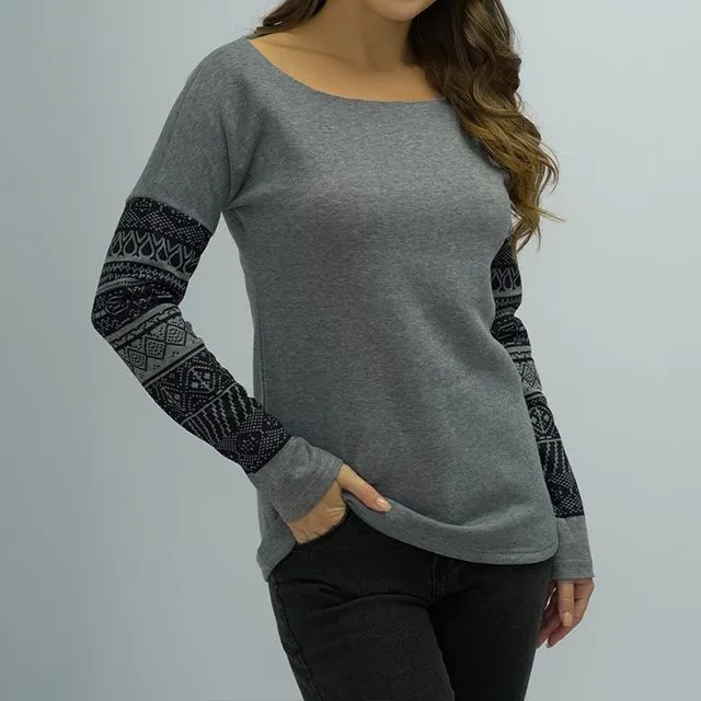 Long-Sleeve Scoop Neck Print T-Shirt CA1058