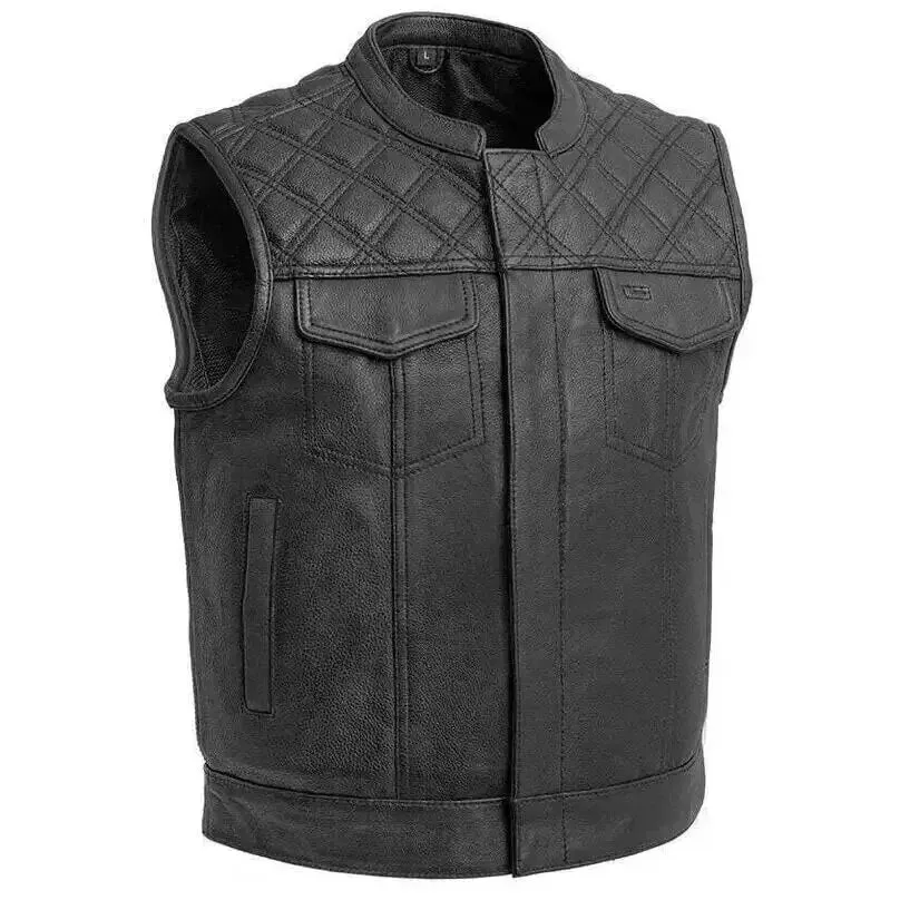 Men's Black Leather Motorcycle Vest with Diamond Stitch