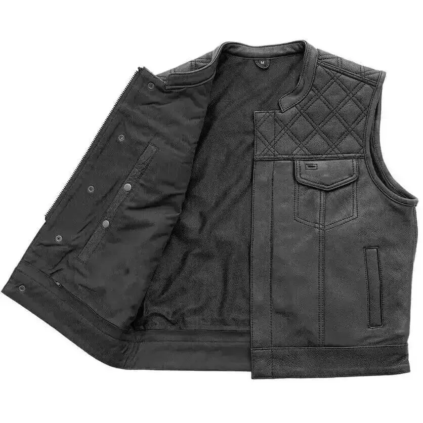 Men's Black Leather Motorcycle Vest with Diamond Stitch
